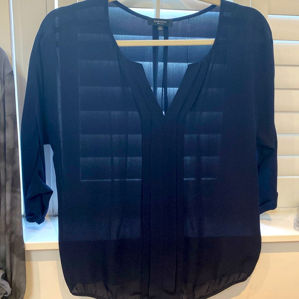 Navy silk blouse three-quarter sleeves